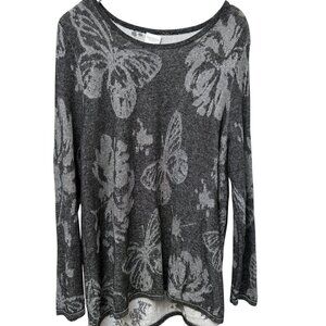 CHICO'S Weekend Womens Sweater XL Gray Butterfly Floral Cotton Knit Pullover